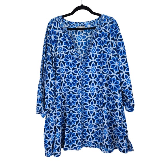 Catherines Blue Floral Womens Tunic Top 3X Beaded V-Neck Bohemian‎ Maximalism - Picture 1 of 8
